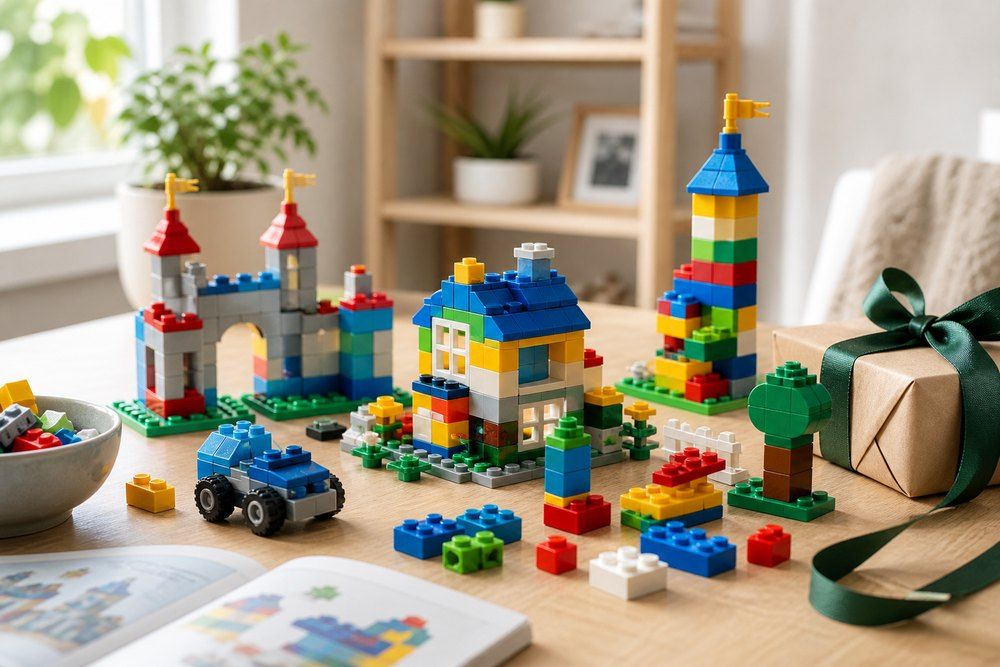 LEGO-kjøretøy og blomster som gave