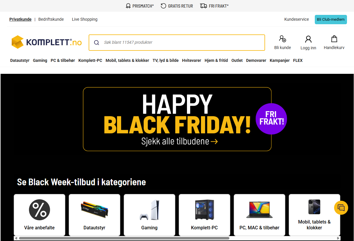 Skjermbilde fra Komplett